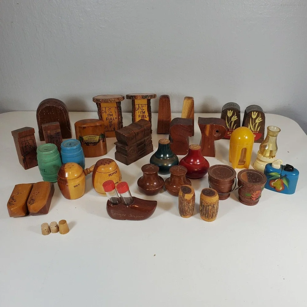 Vintage Lot Salt & Pepper Shakers Wooden Wood Plastic Mix Most Paired Collection